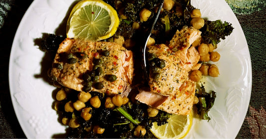 Lemon Salmon with Crispy Kale and Roasted Chickpeas Recipe